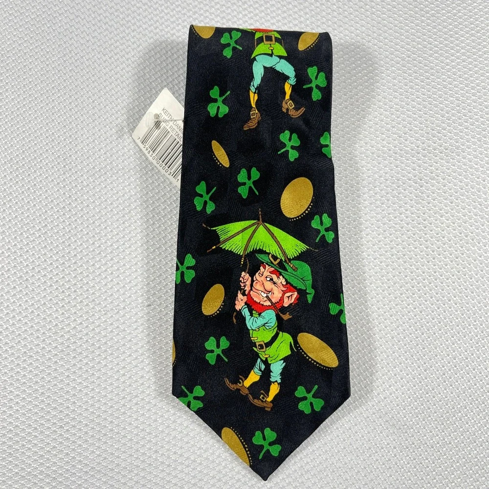 NWT Keith Daniels Mens St Patricks Day Leprechaun Shamrock Gold Coin Blk Necktie